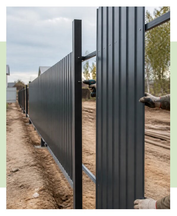 Забор из профнастила с металлическими столбами в Магнитогорске